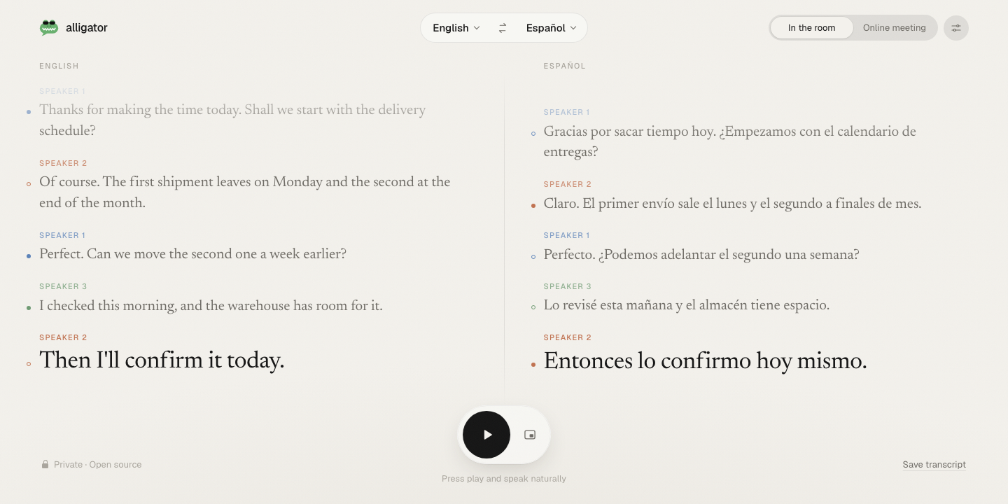 Alligator showing a three-person English and Spanish conversation side by side, each line paired with its translation